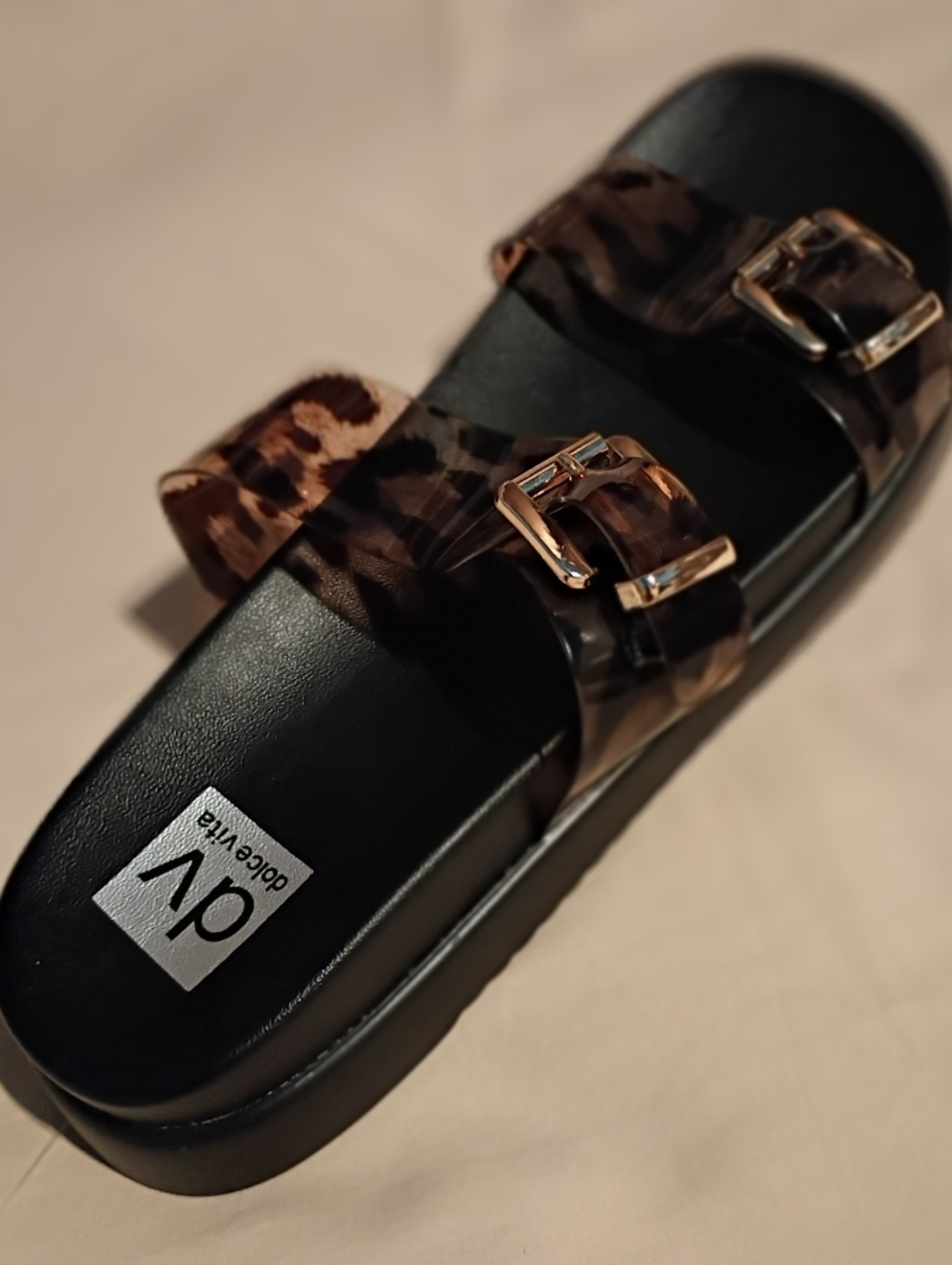 DV Dolce Vita Ubar Black & Leopard Clear Double-Buckle Slide Sandals -  Women 10 - Picture 3 of 7